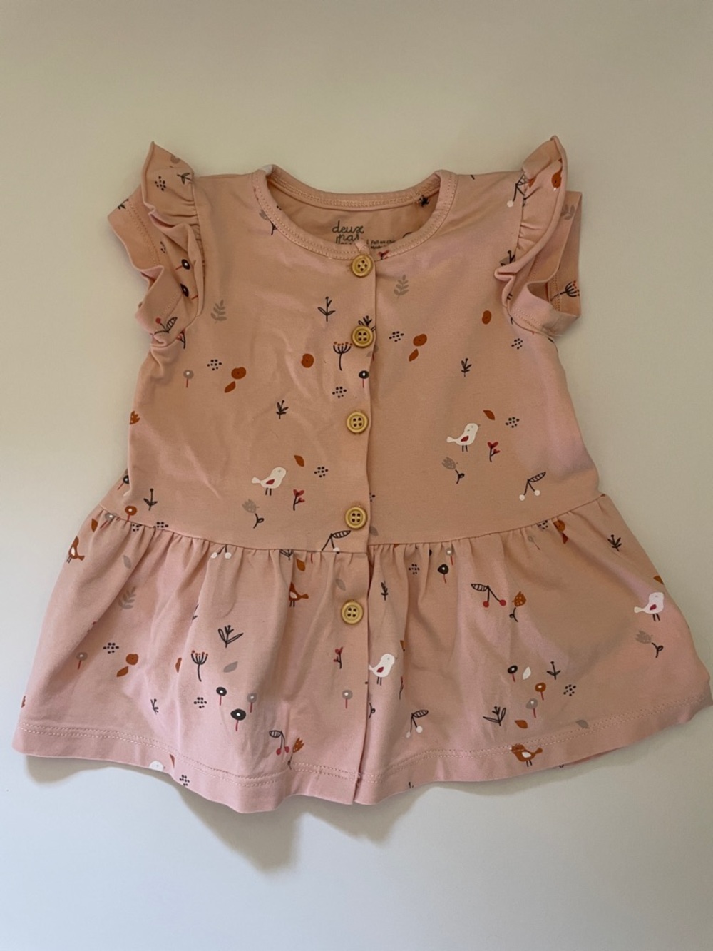 deux par deux Pink Peach Botanical Bird Button-Front Dress size 3 months